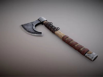 Handcrafted Vintage Axe With Metal Head Wooden Handle And Leather Wrap 3d model