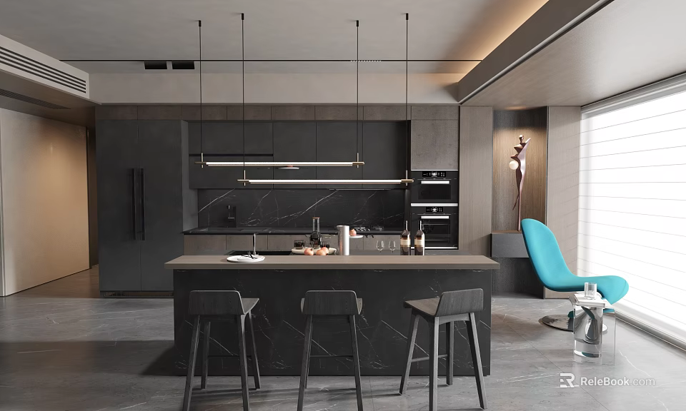 Modern Restaurant Open Kitchen Interior With Dark Cabinets Island Counter Hanging Lights And Bar Stools 3d model 