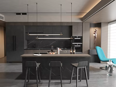 Modern Restaurant Open Kitchen Interior With Dark Cabinets Island Counter Hanging Lights And Bar Stools 3d model