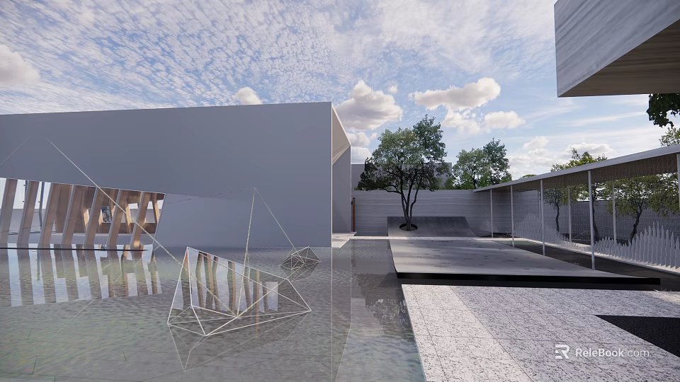 Modern Garden Landscape Design With Water Reflection Trees And Geometric Structures 3d model