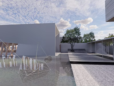 Modern Garden Landscape Design With Water Reflection Trees And Geometric Structures 3d model