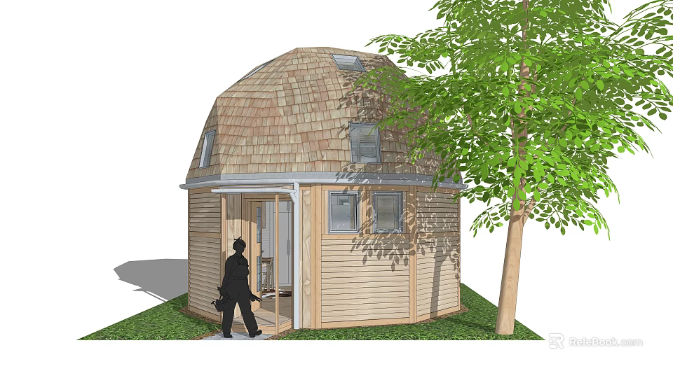 Dome Shaped Wooden Guesthouse Building With Tiled Roof Near Green Tree Entrance 3d model 