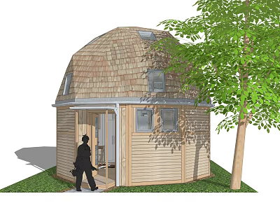 Dome Shaped Wooden Guesthouse Building With Tiled Roof Near Green Tree Entrance 3d model