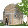 Dome Shaped Wooden Guesthouse Building With Tiled Roof Near Green Tree Entrance