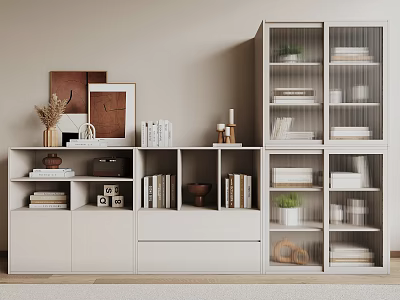 Modern White Bookcase With Open Closed Storage Compartments Books Decorative Items And Green Plants 3d model