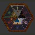 Unique Octagonal Wooden Table With Colored Symbols And Central Decorative Design