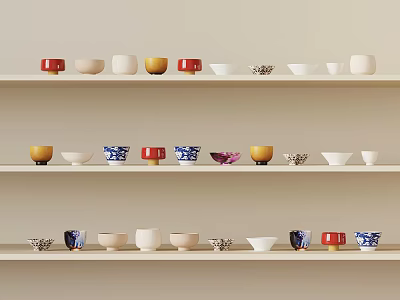 Colorful Ceramic Cups And Bowls Neatly Arranged On Light Wooden Shelves With Various Patterns 3d model