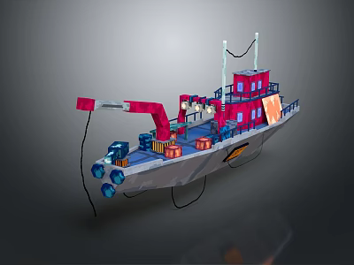 3D Style Ship With Crane And Colorful Structures 3d model