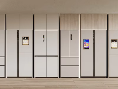 Modern Refrigerators and Freezers Arranged with Different Door Styles and Digital Control Panels 3d model