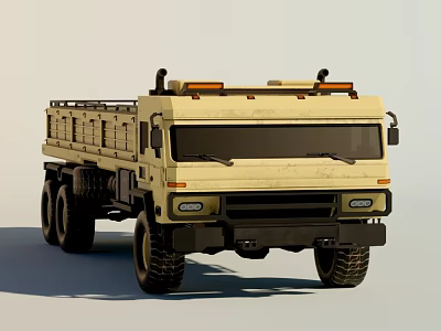 Beige Military Truck With Open Cargo Bed Large Off-Road Tires And Roof Warning Lights 3d model