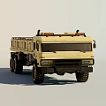 Beige Military Truck With Open Cargo Bed Large Off-Road Tires And Roof Warning Lights