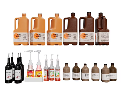 Assorted Bottled Beverages With Caramel Flavor Large Containers And Small Colorful Bottles 3d model