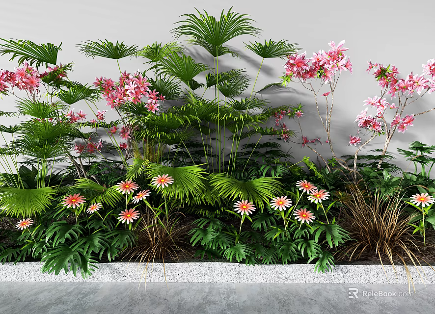 Lush Bonsai Potted Plants With Green Foliage Pink Flowers And Various Leaf Shapes 3d model 