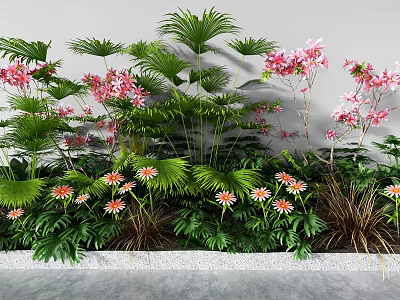 Lush Bonsai Potted Plants With Green Foliage Pink Flowers And Various Leaf Shapes 3d model