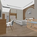 Modern Bedroom Interior With Large Bed Baby Crib TV And Wooden Floor