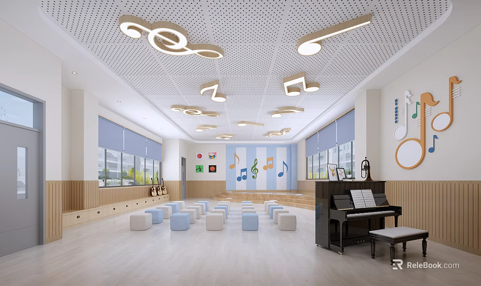 School Music Classroom Interior with Musical Note Ceiling Lights Piano and Rows of Seats 3d model 