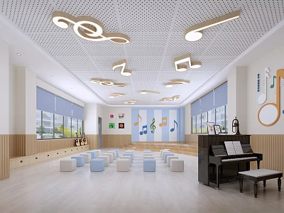 School Music Classroom Interior with Musical Note Ceiling Lights Piano and Rows of Seats 3d model