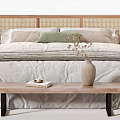 Modern Minimalist Double Bed with Rattan Headboard Bedside Tables Decorative Vases Soft Quilt and Pillows