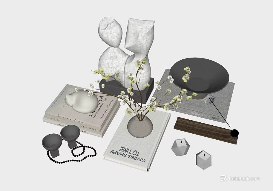 Modern Minimalist Decorative Ornament Set With Vase Flowers Books And Geometric Candles 3d model 