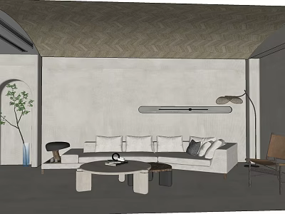 Modern Living Dining Room Interior With White Sofa Coffee Table Floor Lamp And Green Plant 3d model