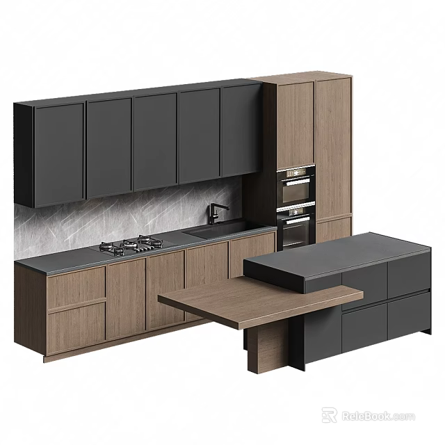 Modern Kitchen Cabinets Featuring Black Wooden Finish Dark Countertop Island And Oven 3d model 