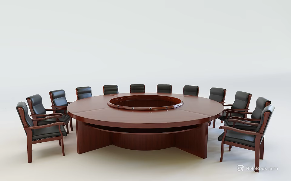 Elegant Round Wooden Conference Table With Dark Brown Finish And Surrounding Leather Chairs 3d model 