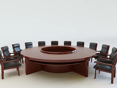 Elegant Round Wooden Conference Table With Dark Brown Finish And Surrounding Leather Chairs 3d model