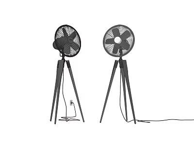 Two Black Standing Air Cooler Fans With Tripod Base Design 3d model