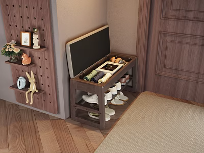 Wooden Storage Stool with Multiple Shelves in Entrance Corner Featuring Decorative Hooks and Wooden Floor 3d model