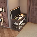 Wooden Storage Stool with Multiple Shelves in Entrance Corner Featuring Decorative Hooks and Wooden Floor