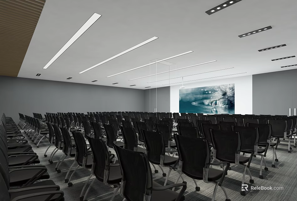 Modern Spacious Conference Room With Projection Screen Black Chairs Long Tables And Ceiling Light Strips 3d model 