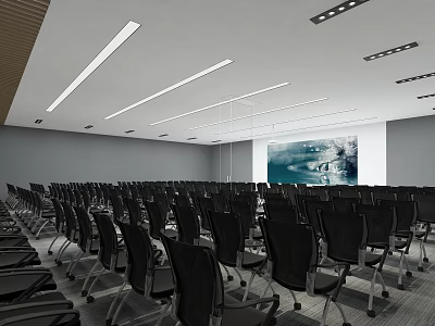 Modern Spacious Conference Room With Projection Screen Black Chairs Long Tables And Ceiling Light Strips 3d model