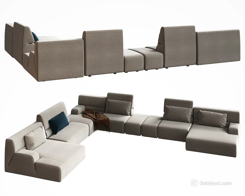 Light Gray Modular Sectional Sofa With Cushions Throw Blanket And L Shaped Design 3d model