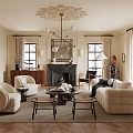 Elegant Classic Living Room Interior Design With Cream Sofa White Armchairs Fireplace And Chandelier