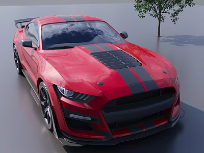 Shiny Red Sports Car With Black Stripes Sleek Design And Black Wheels Near Tree 3d model