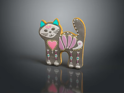 Decorated Cat Shaped Cookie with Blue Ears Yellow Edges Pink Heart and Purple Petals 3d model