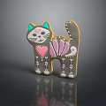 Decorated Cat Shaped Cookie with Blue Ears Yellow Edges Pink Heart and Purple Petals