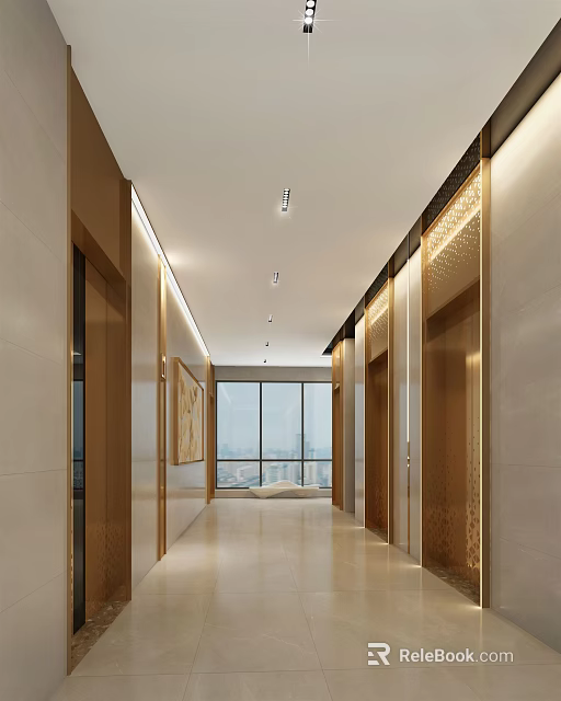 Modern Elevator Hallway With Golden Decor Ceiling Lights Large Windows And City View 3d model