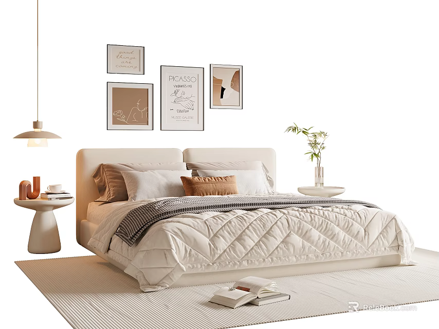 Double Bed with Quilted Bedspread and Pillows Under Framed Artworks and Pendant Light 3d model 