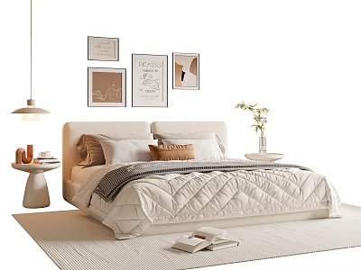 Double Bed with Quilted Bedspread and Pillows Under Framed Artworks and Pendant Light 3d model