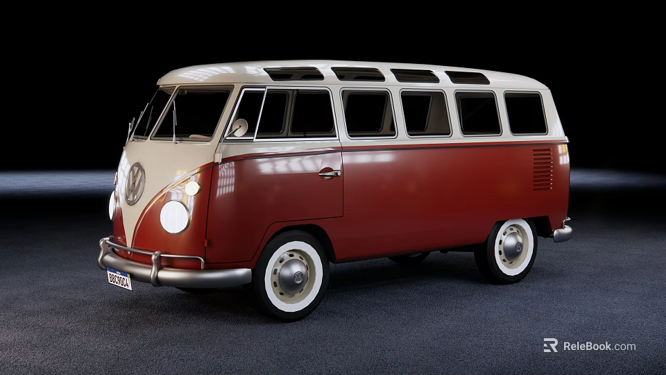 Classic Red and White Volkswagen Van With Multi Window Retro Design 3d model 