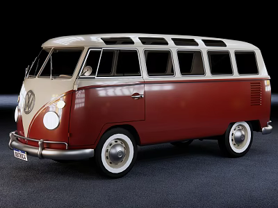 Classic Red and White Volkswagen Van With Multi Window Retro Design 3d model