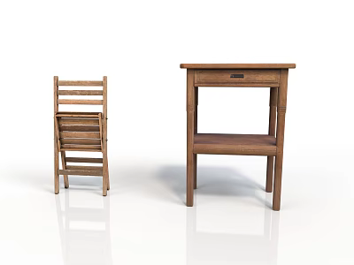 Functional Wooden Table With Drawer And Folding Chair In Simple Home Design 3d model