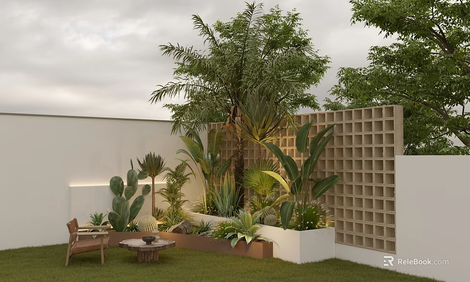 Modern Garden Design With White Wall Grid Partition And Lush Green Plants 3d model 