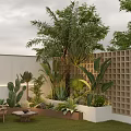 Modern Garden Design With White Wall Grid Partition And Lush Green Plants