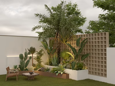 Modern Garden Design With White Wall Grid Partition And Lush Green Plants 3d model
