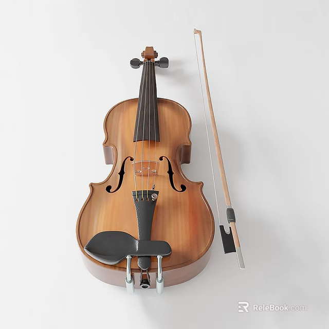 Wooden Violin Musical Instrument with Bow Strings Tuning Pegs and Scroll Design 3d model 