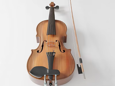 Wooden Violin Musical Instrument with Bow Strings Tuning Pegs and Scroll Design 3d model