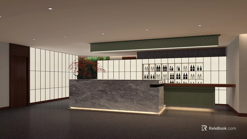 Modern Hotel Lobby Interior With Marble Reception Desk And Plant Decorations 3d model 
