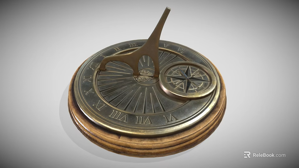 Brass Sundial With Roman Numeral Markings And Small Compass On Wooden Base 3d model 